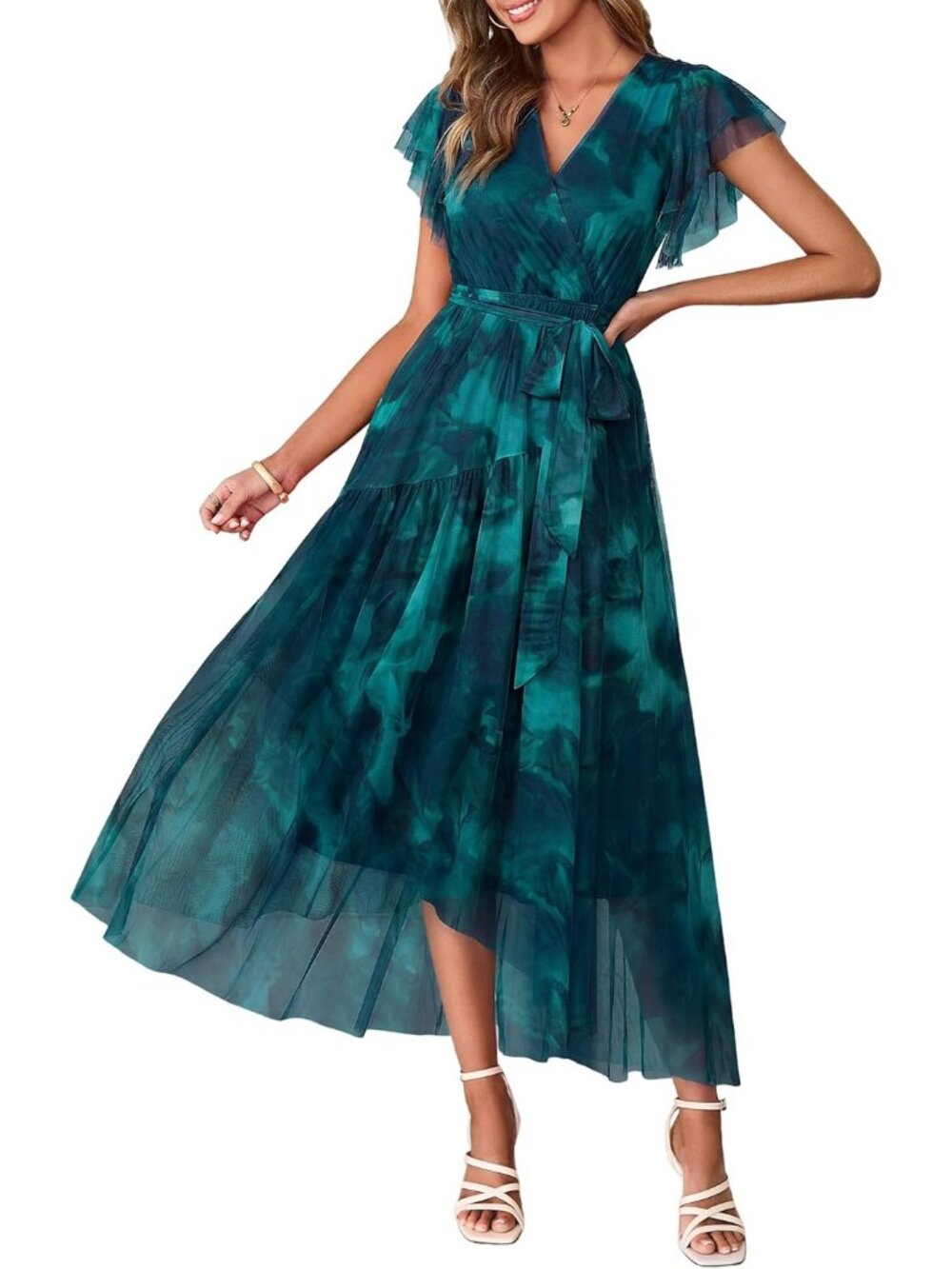 Women's Blue Green Short Sleeve V Neck Imported Casual Mesh Floral Maxi Dress